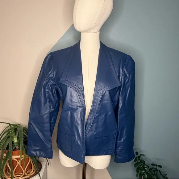 90s Slate Blue Genuine Leather Blazer | Vintage Deep Navy Power Jacket Size 8 - Picture 2 of 11